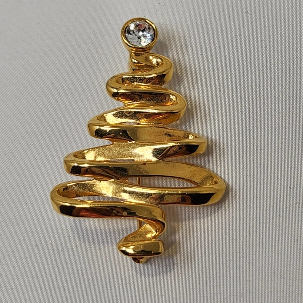 Anne Klein Gold Tone Christmas Tree Brooch Clear Rhinestone Topper Abstract